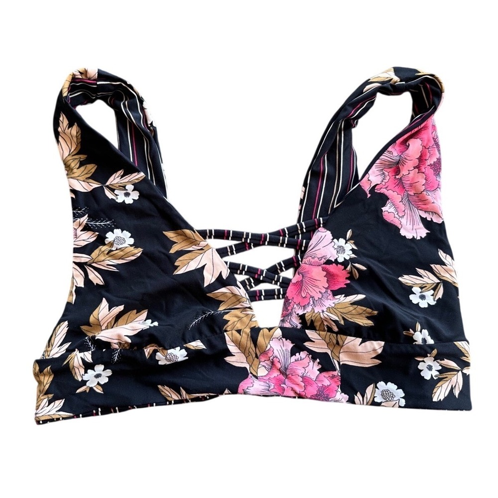 Reversible Floral and Striped Lattice‎ Front Bikini Top Black Pink White